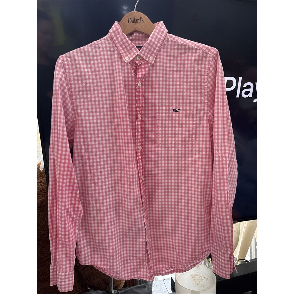 Vineyard Vines Shirt Med Pink Gingham Slim Fit Tucker Cotton Button Down Shirt